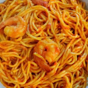 Jollof pasta with shrimp