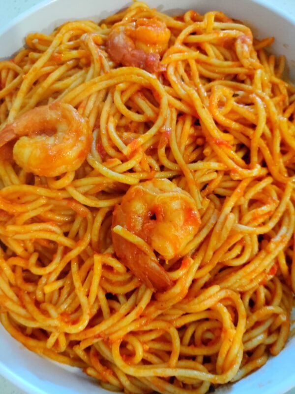 Jollof pasta with shrimp